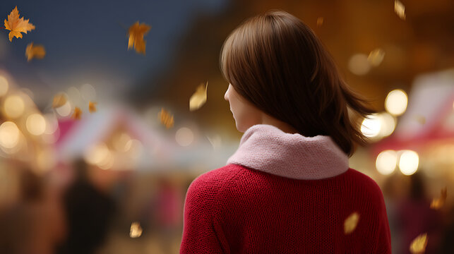 A young woman with short brown hair seen from behind, wearing a red sweater and a pink scarf.