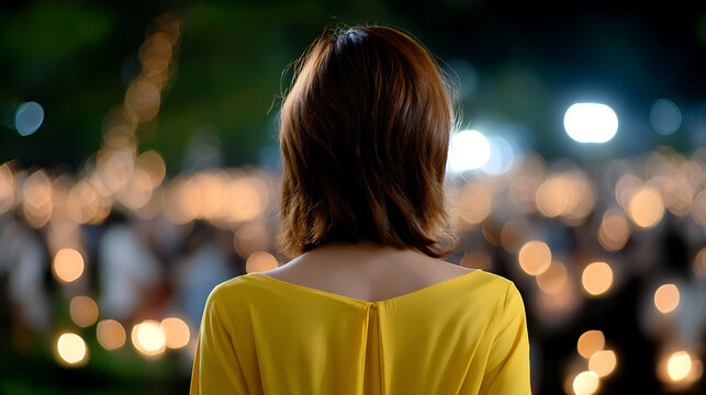 A woman in a yellow dress looks out at a blurry background of bokeh lights, evoking a sense of contemplation or anticipation