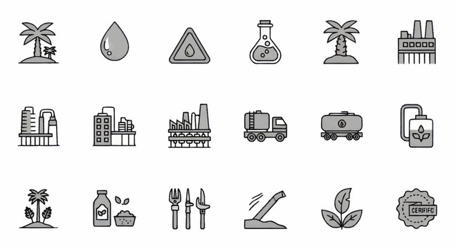 Collection of industrial and ecological icons representing oil and biofuel production.