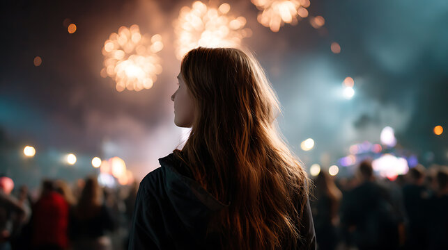 A young woman gazes at a dazzling fireworks display during a festive night event. The vibrant lights illuminate the crowd and the night sky, creating a magical atmosphere