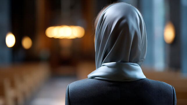A woman wearing a hijab and a suit, seen from behind, stands in a church. The background is blurred, with rows of empty pews and warm, soft lighting from overhead fixtures