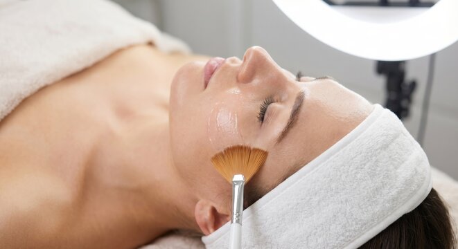Woman receiving professional facial treatment with fan brush