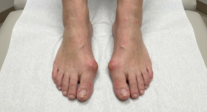 Close-up of bilateral bunions on female feet in medical setting