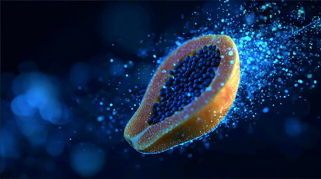 A half papaya fruit illuminated with glowing blue particles, symbolizing freshness and vibrancy