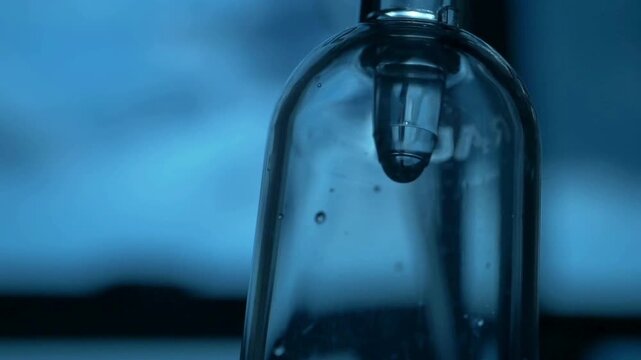 Close-up of intravenous saline solution in medical clinic in light bright interior IV drips through drip chamber NSS drip ready to be infused