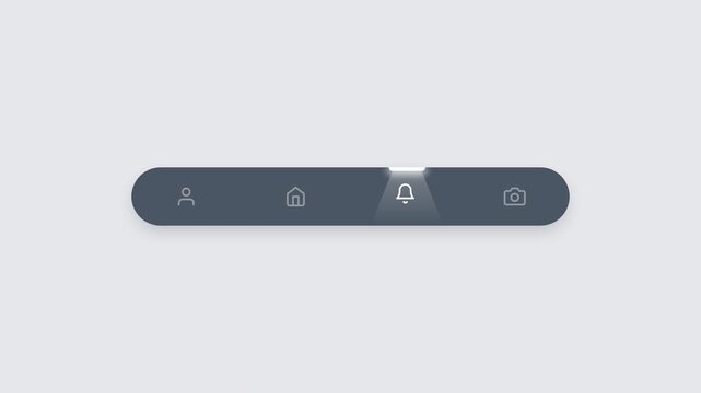 Modern dark user interface navigation tab bar featuring a sliding glowing indicator transitioning across icons for clean smartphone app mockup 4k uhd.