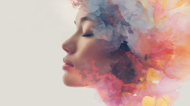 Profile of a woman's face with colorful smoke or clouds swirling around her head. Her eyes are closed, and she has a serene expression. The colors are vibrant and blend together seamlessly.