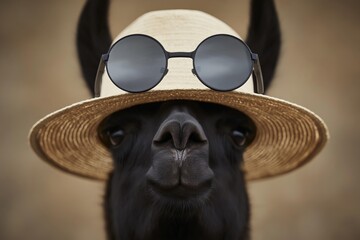 Fototapeta premium A black llama wearing a straw hat and sunglasses, looking at the camera
