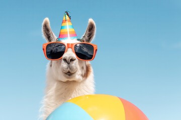 Fototapeta premium Funny llama wearing sunglasses and party hat with beach ball