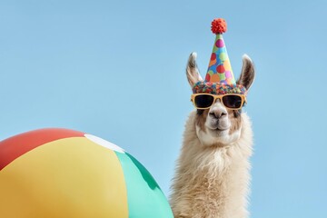 Fototapeta premium Funny llama wearing sunglasses and a party hat next to a beach ball