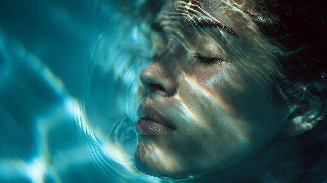 Close-up of a young woman's face submerged underwater, her eyes closed in peaceful serenity. Sunlight refracts through the water, casting dappled patterns on her skin