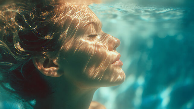 A serene portrait of a woman submerged underwater, with sunlight dappling her face, conveying a sense of tranquility and peace