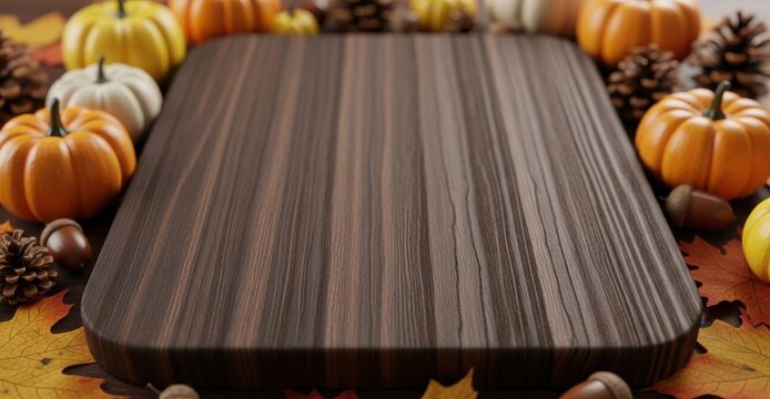 Empty wooden platter with pumpkins and autumn leaves for seasonal food marketing and thanksgiving copy space