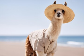 Fototapeta premium Llama wearing a straw hat and a shirt on a beach