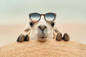 Fototapeta premium Llama wearing sunglasses peeking over a straw hat at the beach