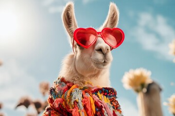 Fototapeta premium Cute llama wearing heart-shaped sunglasses and a colorful sweater against a blue sky