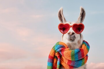 Fototapeta premium Llama wearing heart-shaped sunglasses and a colorful scarf against a pastel sky