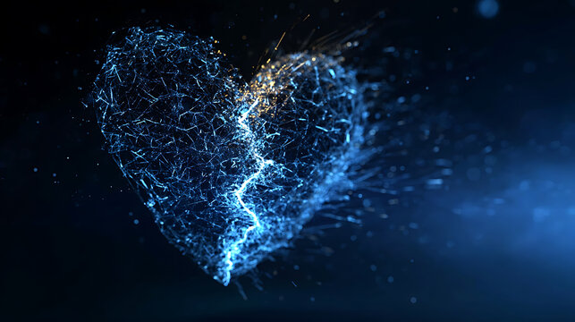 A digital heart split with a dynamic glowing lightning strike