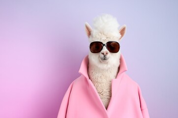 Fototapeta premium Cool alpaca wearing sunglasses and a pink coat against a pastel background