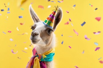 Fototapeta premium Festive llama wearing a party hat and colorful scarf with confetti