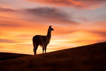 Fototapeta premium Llama silhouetted against a vibrant sunset on a hill