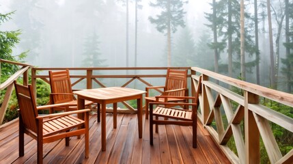 Obraz premium Wooden deck with table and chairs in foggy forest
