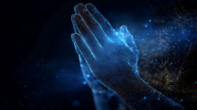 Hands clasped in prayer, rendered with ethereal light and particles against a dark background