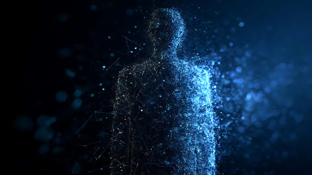A digital person created with the use of small particles which is blue color