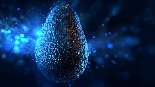 A macro shot of a seed with a blue lighting effect, surrounded by small particles