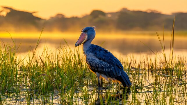 Shoebill bird standing in lush wetland marsh at golden hour