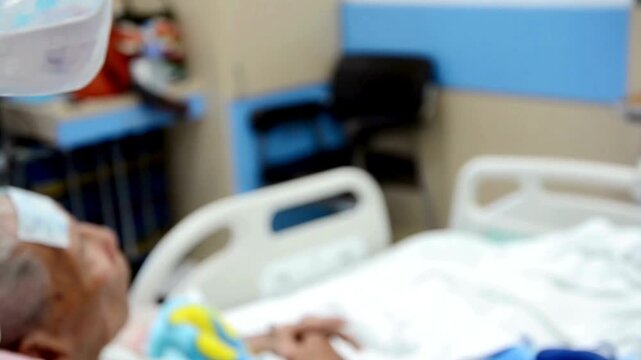 closeup shot intravenous therapy IV Sick lonely old patient under white blanket thinking on hospital bed An dropper in clinic Iv drip, Patients saline