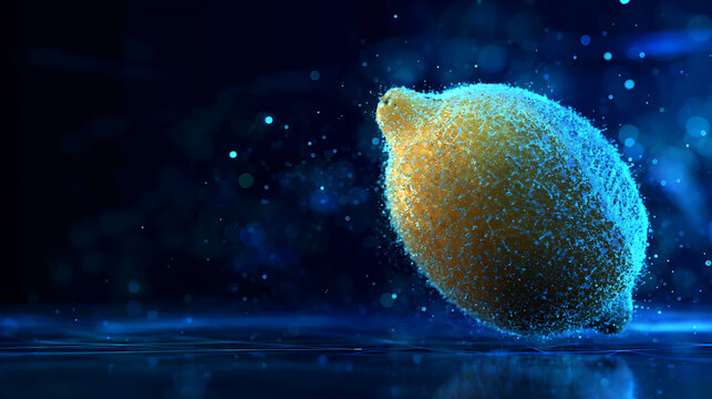 A vibrant lemon floating in a mysterious, glowing environment. The citrus fruit appears to be radiating light, with a deep, dark blue background.
