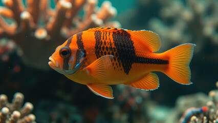 Obraz premium Vibrant Orange and Black Striped Fish Swimming among Coral
