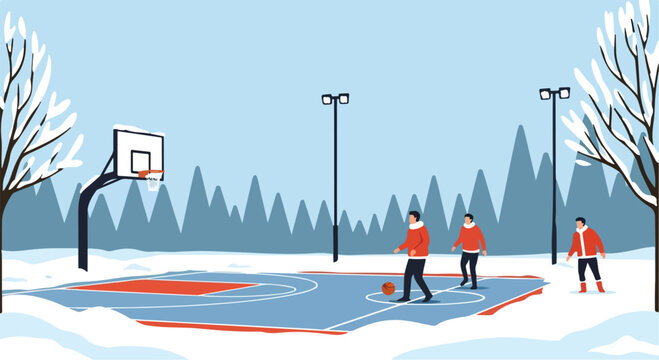 Flat vector illustration of three men in red winter coats playing basketball on a snow-covered outdoor court. Features a basketball hoop, snow-laden trees, and stadium light posts.