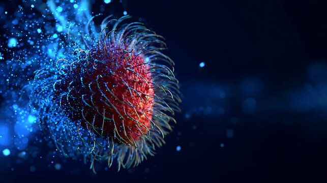 A close-up view of a vibrant red pathogen cell, with dynamic particles around. The scene is set on a dark background