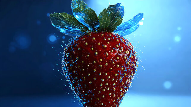 A vibrant strawberry with water droplets against a dark blue background, evoking freshness and deliciousness.