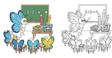 Fototapeta premium Cute Butterfly Teacher in Classroom Teaching Math to Student Butterflies, with Matching Coloring Page Vector Illustration for Kids Education Activity