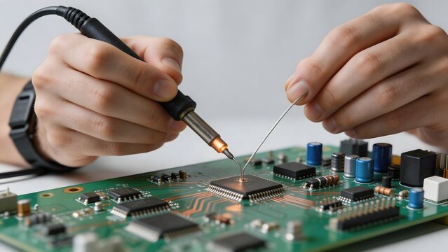 Person soldering electronic circuit board