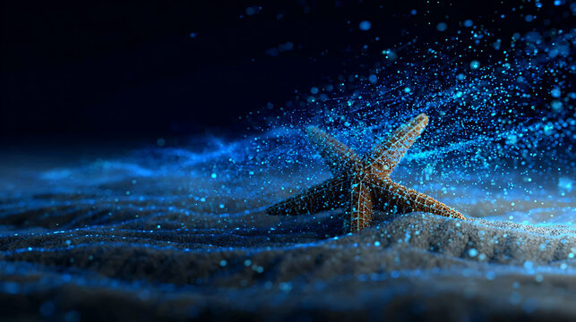 A starfish resting on a sandy ocean floor, illuminated by bioluminescence