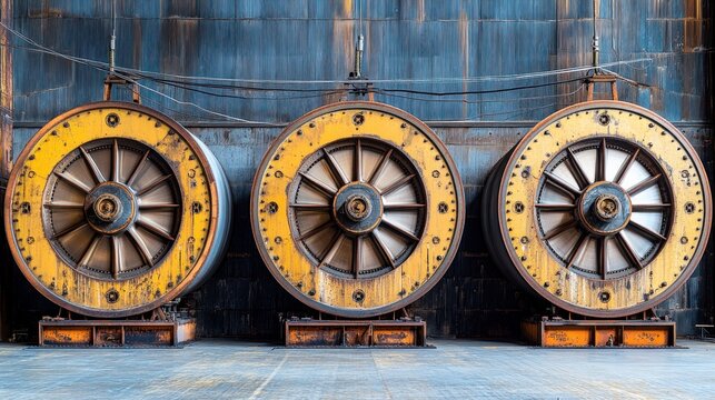 Large, rusty industrial rollers in a factory setting.