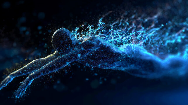 A stylized swimmer gracefully gliding through the water, with dynamic movement effects. The image evokes a sense of fluidity and power