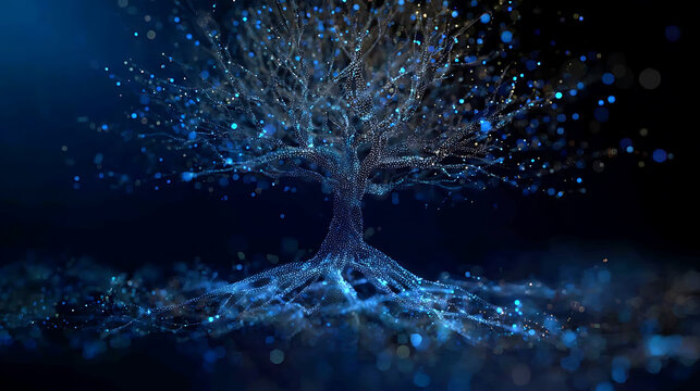 Digital Tree of Life: A stunning visual representation of a digital tree with glowing blue lights, symbolizing interconnectedness and growth