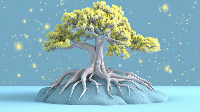 A stylized tree with prominent roots and vibrant leaves against a dreamy backdrop. The tree sits atop a small mound, creating a serene and imaginative scene.