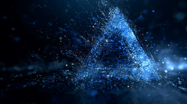 A surreal and abstract blue triangle with a starry dust appearance, set against a dark background. The image evokes a sense of mystery and cosmic energy