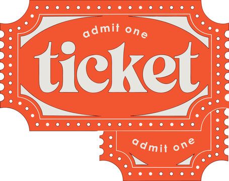 Orange admission ticket design with text admit one and ticket, vintage retro style.