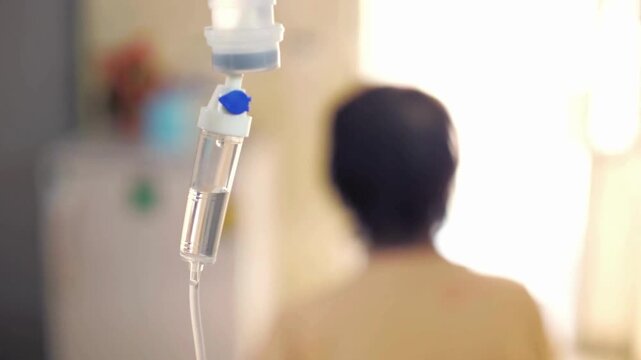 Person, Pensive sad old woman lying on hospital bed looking trough the window get sick admitted to hospital with saline intravenous iv in-line hand