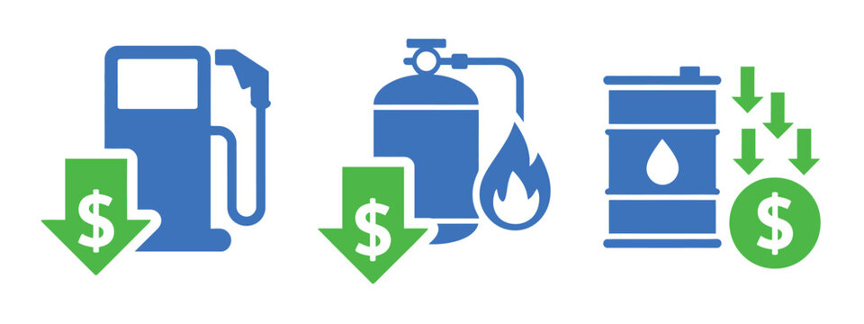 Icons showing decrease in fuel and energy prices gas pump propane tank and oil barrel vector illustration
