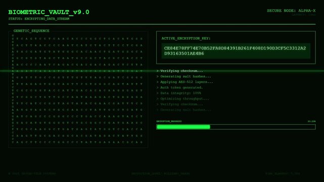 Futuristic Cyber Security Interface with Green Genetic Code and Hexadecimal Encryption Key Data Stream Progress Bar.