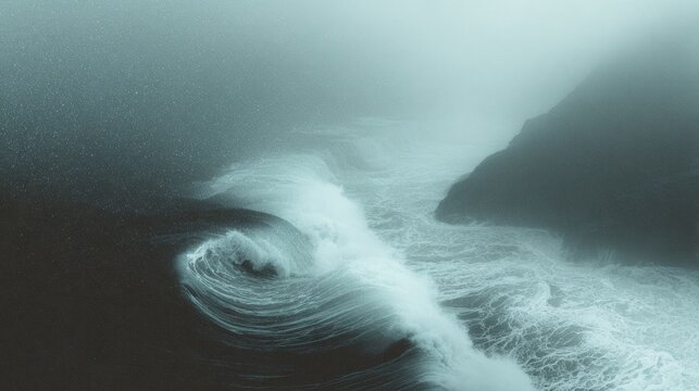 Drone view of iridescent universe above cliffs and waves, minimalistic and sublime landscape with white aesthetic and cinematic epic feel