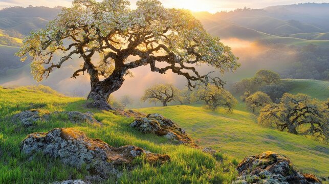 A landscape of rolling hills bathed in golden sunlight.